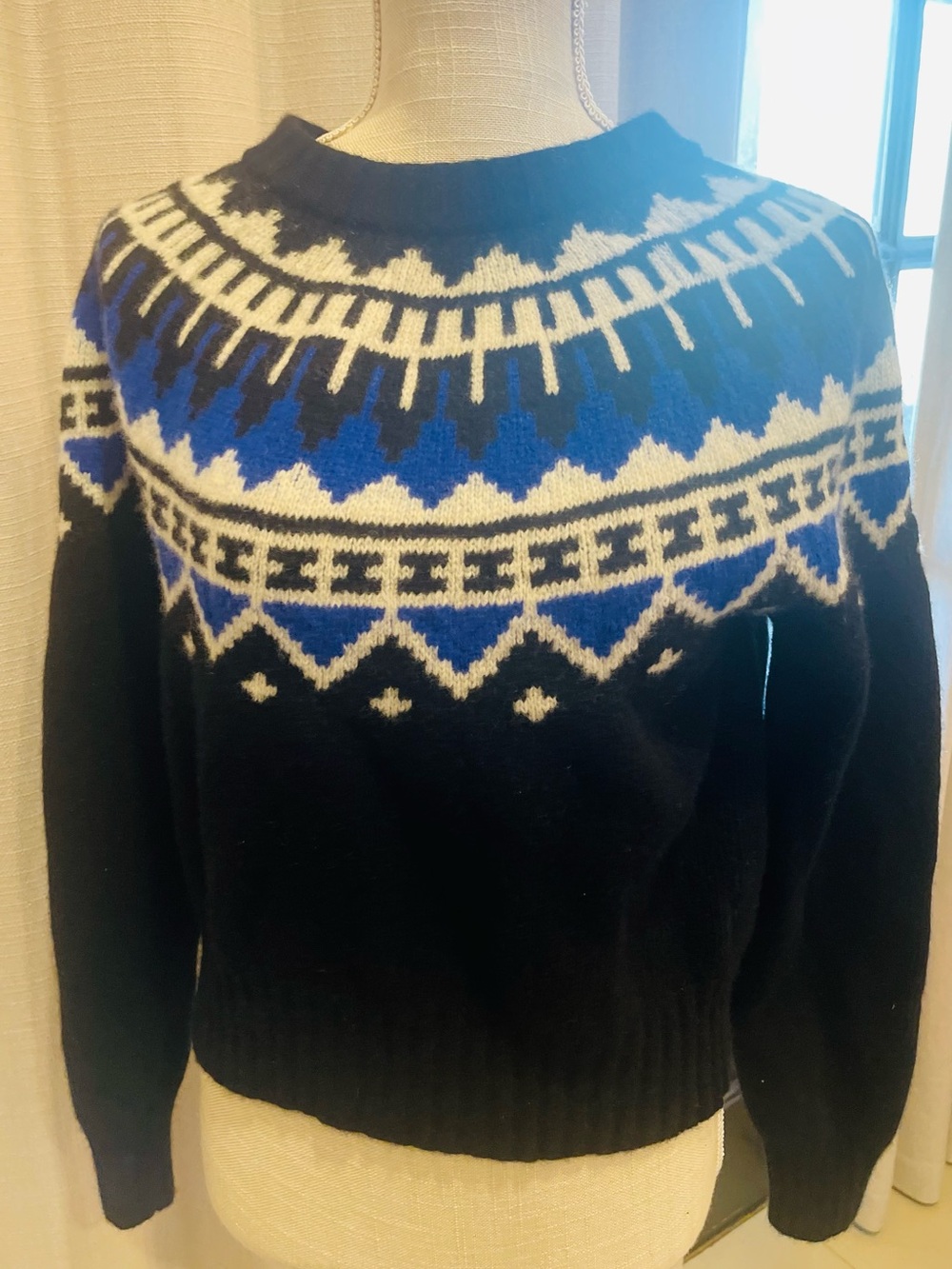 Ralph Lauren Black Crewneck Sweater with Blue& White Fair Isle Wool and Cashmere